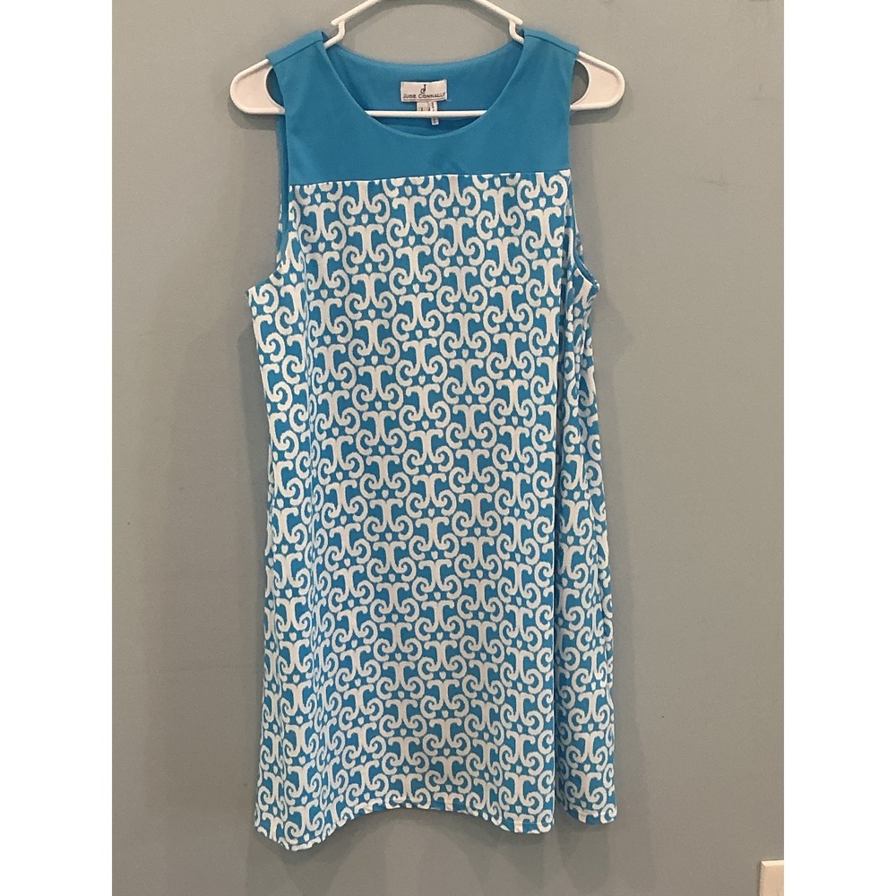 Jude Connally Womens Sleeveless Shift Dress L Blue Scroll Print Beach Resort